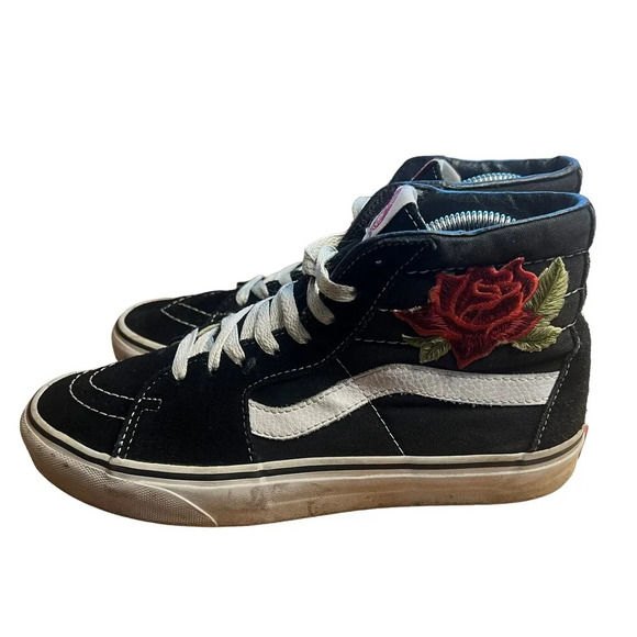 Vans Sk8-Hi Black Suede High Top Rose Embroidered Unisex Sneakers M6.5 / W8.0 - Picture 6 of 10